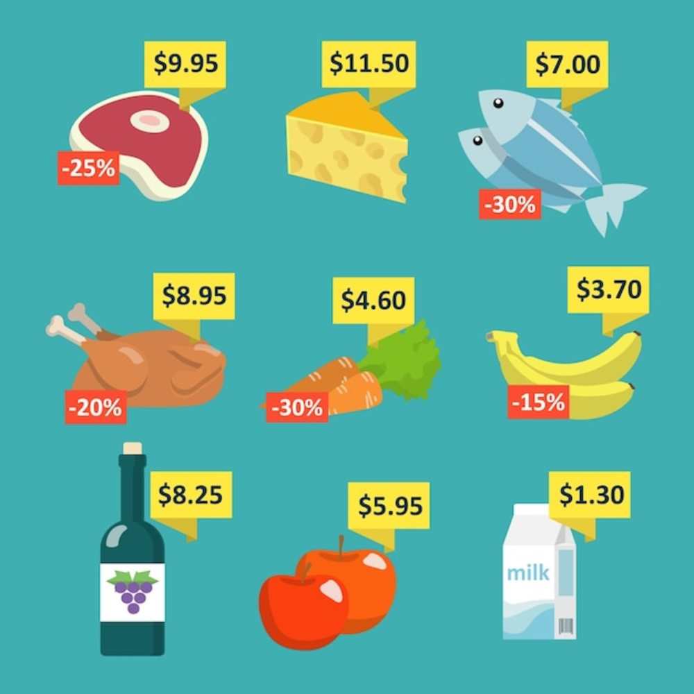 超市食品和饮料选择图标设置价格标签和折扣标签平面矢量图